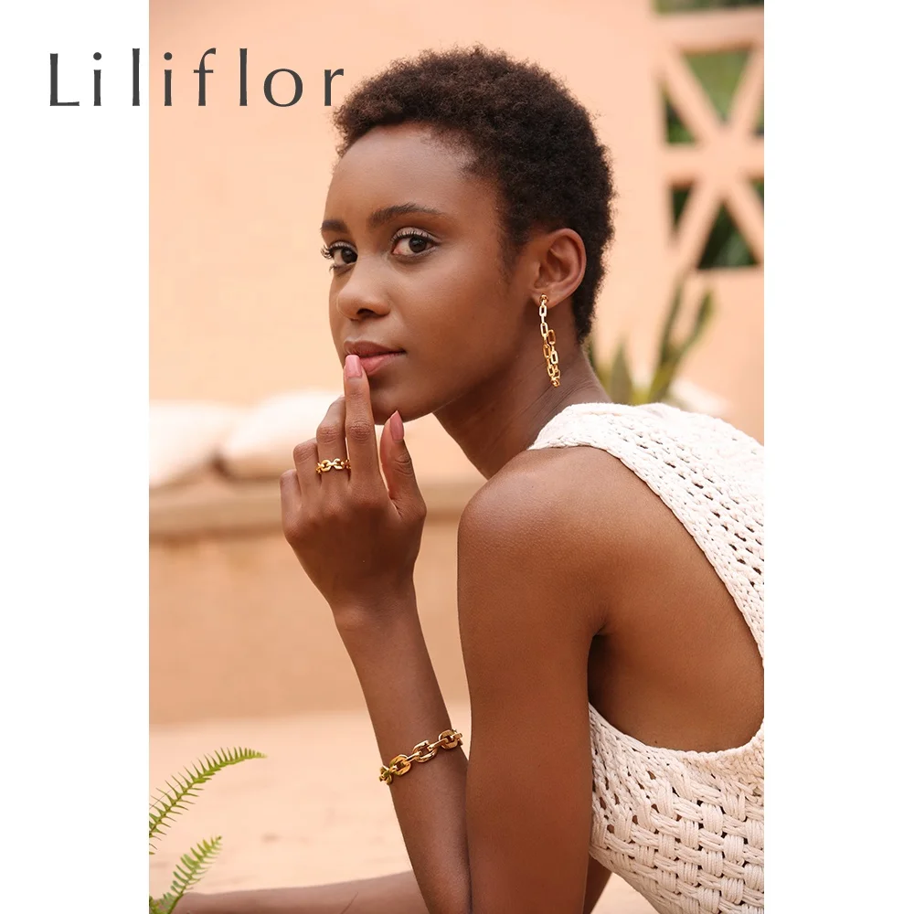 LILIFLOR Fashion High Quality 18K Gold Plated Brass Jewelry Hollow Link Chain Finger For Women Rings RF184006