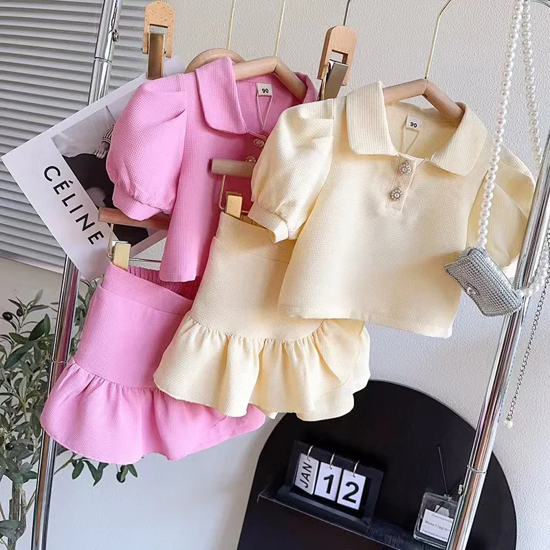 New fashion toddler baby girls summer outfits lapel shirts+skirt boutique 2pcs kids clothes children skirt suits
