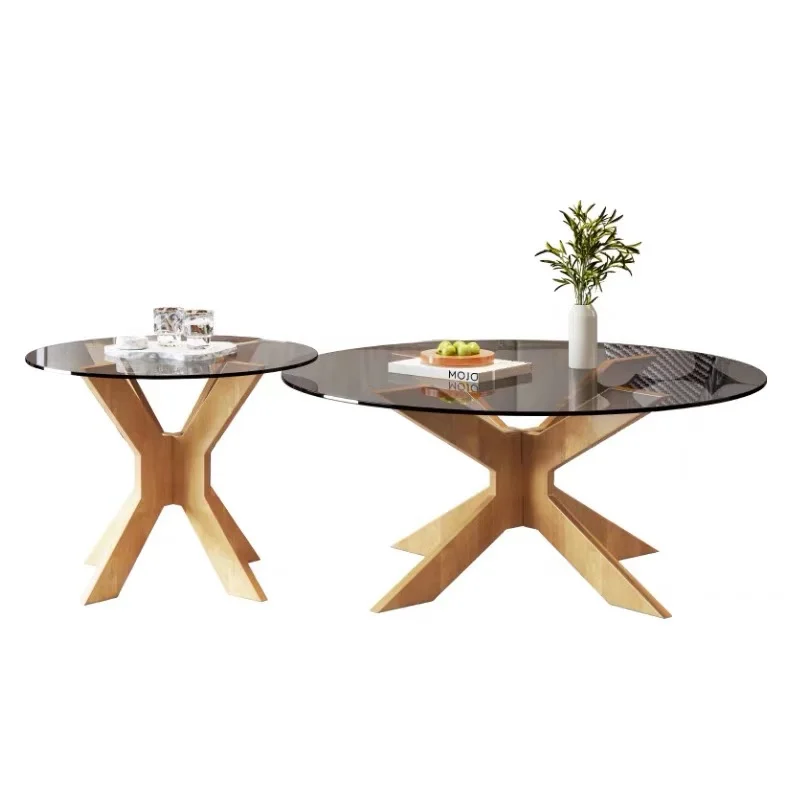 Contemporary Round Modern Glass Walnut Center Coffee Table with Solid Wood Legs for Small Space in Living Room