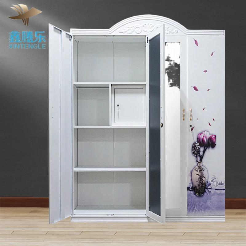 New Design Metal Closet with 4 Swing Doors Embossed Wardrobe Armario para Ropa con Espejo Ropero Bedroom Furniture for Home Use