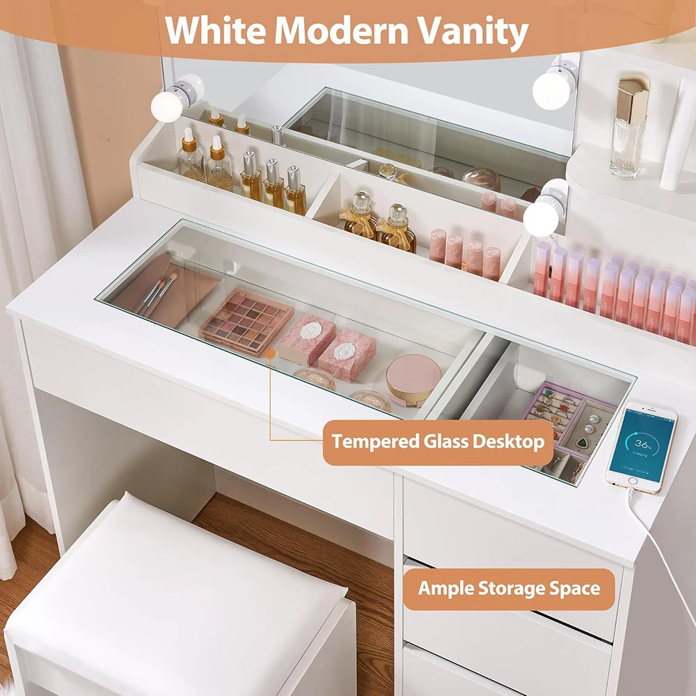 Small Modern 35.4\" Vanity Table Set Lighted Mirror Power Outlet 5 Drawers Shelves 3 Lighting Colors Makeup Vanity Desk Glass supplier