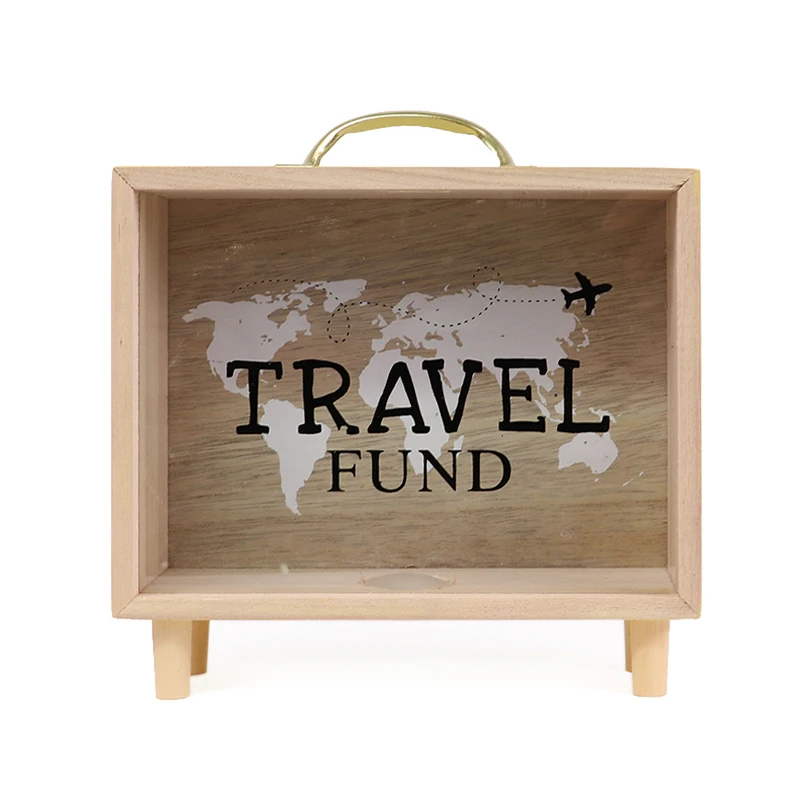 Wooden Suitcase ATM Money Picture Bank with Glass Window and Top Handle Picture Frame Money Bank