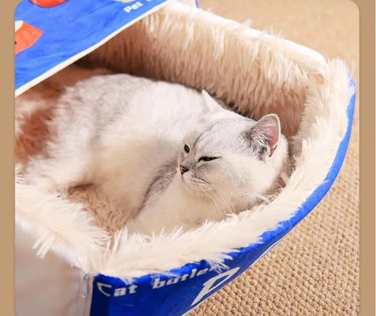 New Snack Box Plush Pet Bed Fully Enclosed Cookie Box Shape Warm Soft Windbreak Cute Pull Out Cat House Cushion Pet Products supplier