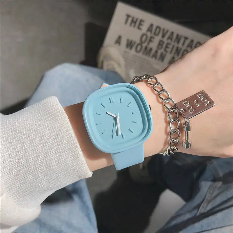2PC Fashion Simple Casual Leather Candy Color Watch Cuban Chain Bracelet Women's Sweet Girl Quartz Watch Set Gift
