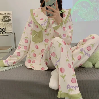 Floral Print Spring and Autumn Fashion Pajamas Set for Ladies Comfortable Soft and Breathable with Turn-Down Collar ODM Supply