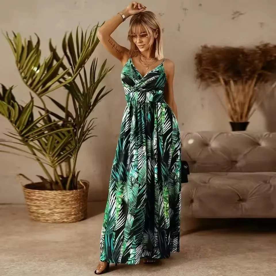 Fashion Halter Strapless Floral Maxi Dresses Sundress Sexy Woman Printed Boho Dresses Beach Party Suspenders Casual Dresses