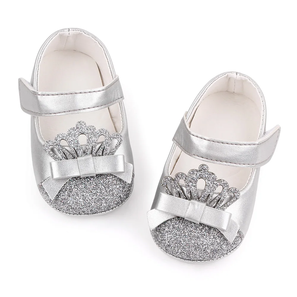 Shiny Solid Color Glitter Crown Bow Decorated Infants Princess Shoes for Baby Girls factory