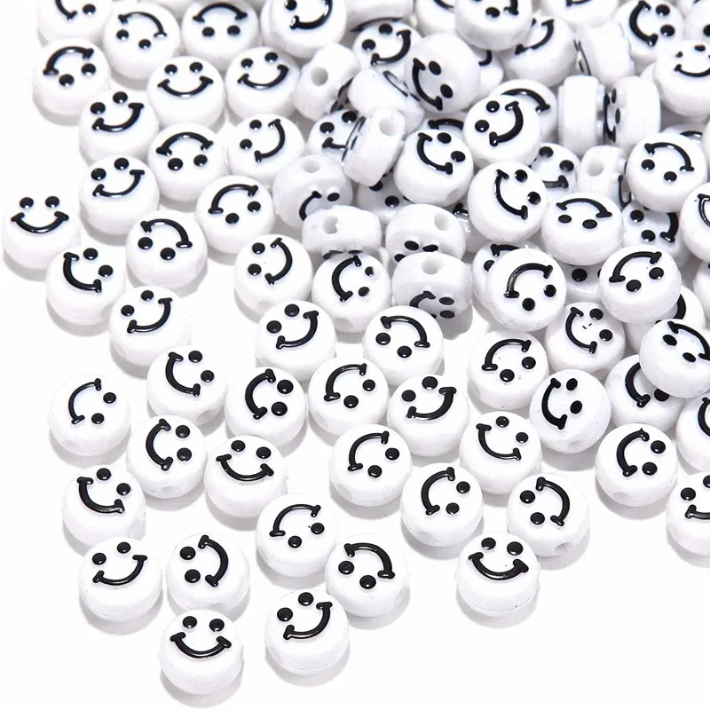 6 * 10mm Acrylic Smiley Face Beads Round Flat Loose Beads Bracelets Handmade Diy Jewelry Accessories Beads Set