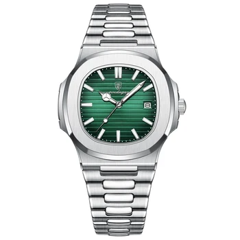 POEDAGAR stainless steel bracelet men watch men luxury waterproof quartz watch silver green Renojes hombre custom label