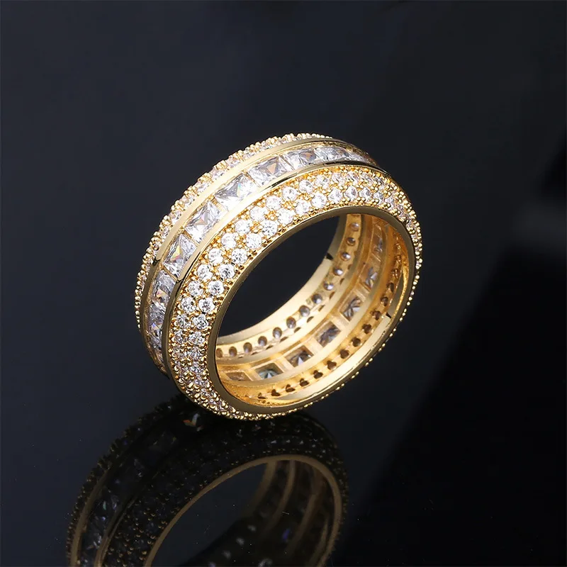 whole sale iced gold plated 5 Rows AAA Cubic Zircon Stones Luxury Engagement Ring Women Charms iced out ring