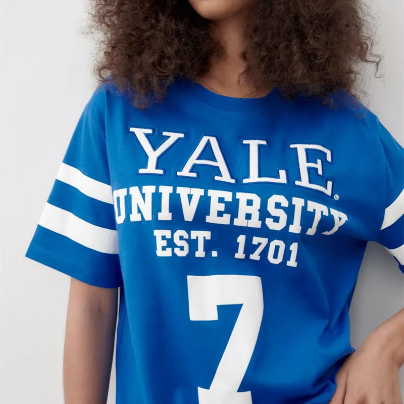 Stripe Blue Embroidery Patch Oversize Custom Brand LOGO Summer Girls Tops Soccer Football Basketball Jersey Shirts Women T