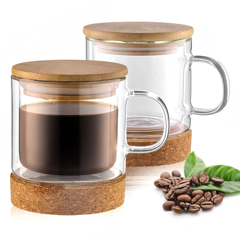 Bamboo fiber coffee cup with bamboo lid double wall insulated glass coffee tea cup with cork bottom, best christmas mug gift Bamboo fiber coffee cup with bamboo lid double wall insulated glass coffee tea cup with cork bottom, best christmas mug gift