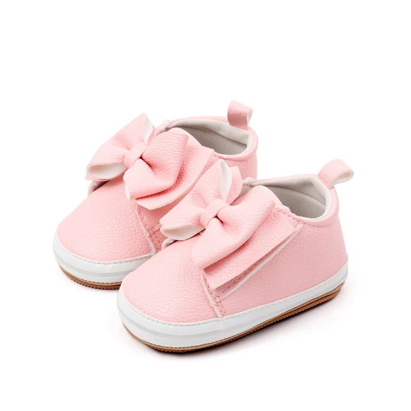 2024 Baby Girl Toddler Soft PU Material Shoes with Large Bow Hook Loop Design Flat and Non-Slip Rubber Bottom Solid Color manufacture
