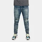 Pants Distressed Monkey Wash Men Fashion Street Wear Jean Pants Slim Fit Washed Blue Moto Jeans With Zipper On Knee