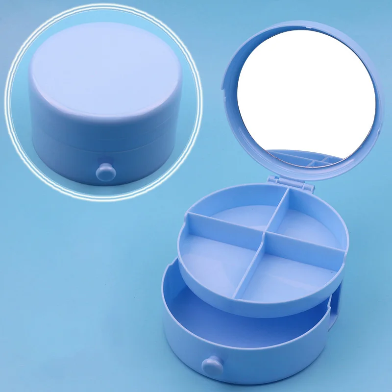 Small round Plastic Jewelry Box Organizer with Makeup Mirror Multifunction Hair Accessories Storage for Sundries