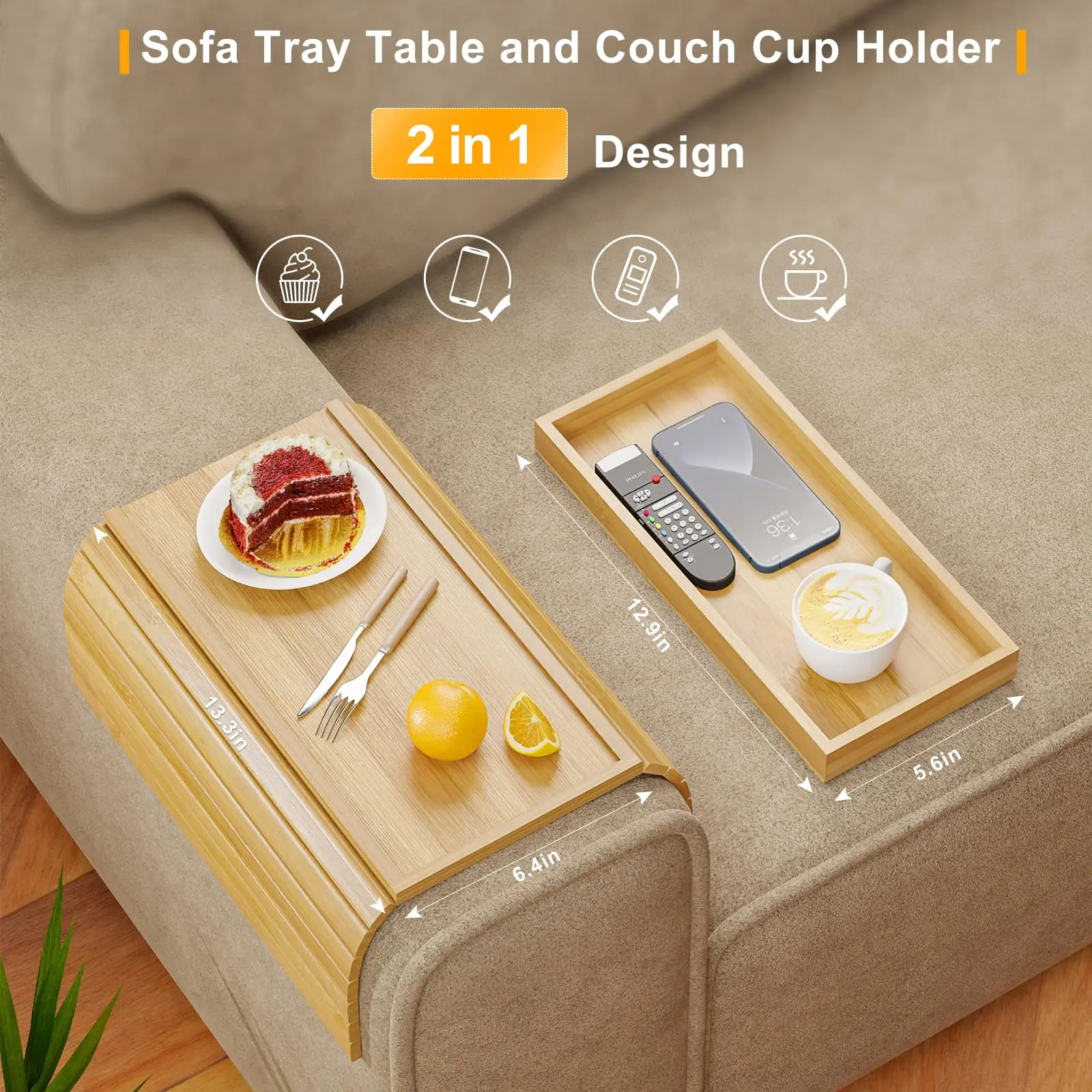 product 2 in 1 bamboo sofa armrest tray sliding detachable anti slip foldable frame beverage cup holder mobile tv remote storage tray-7