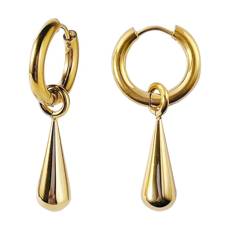 18K Gold Plated Stainless Steel Jewelry Round Buckle Water Drop Pendant Huggie Earring Accessories Hoop Earrings E211340