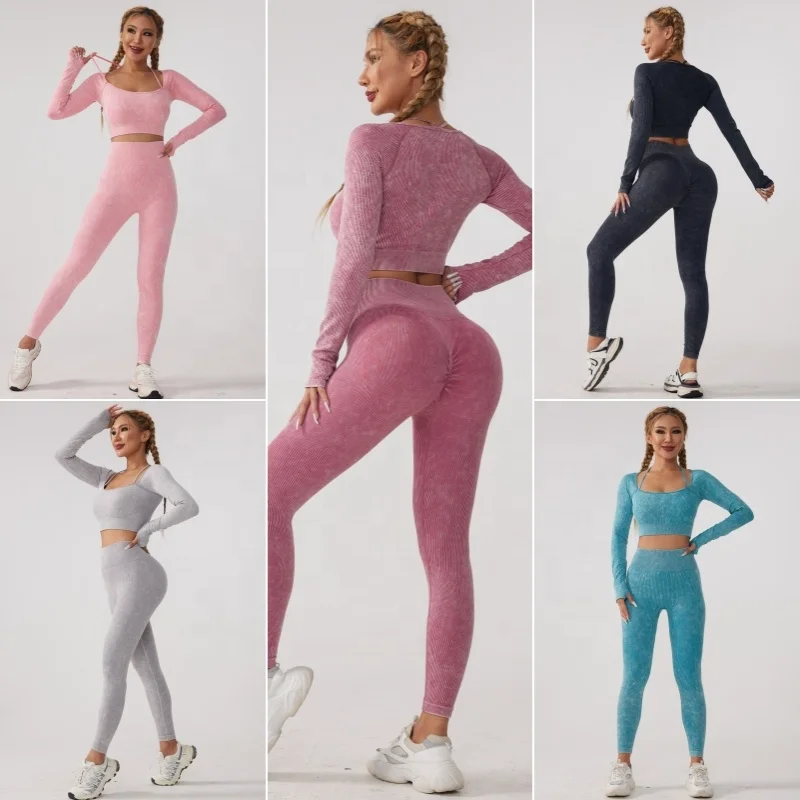 NEW Acid Washed Seamless Women Yoga Sets Workout Running Yoga Wear Tops Push Up leggings Shorts Sportswear Gym Fitness Sets