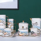 Tea Set New Season Nature Mountain Pattern Decal Gold Plating Drinkware Coffee Tea Set For Home Cafe Hotel Gift
