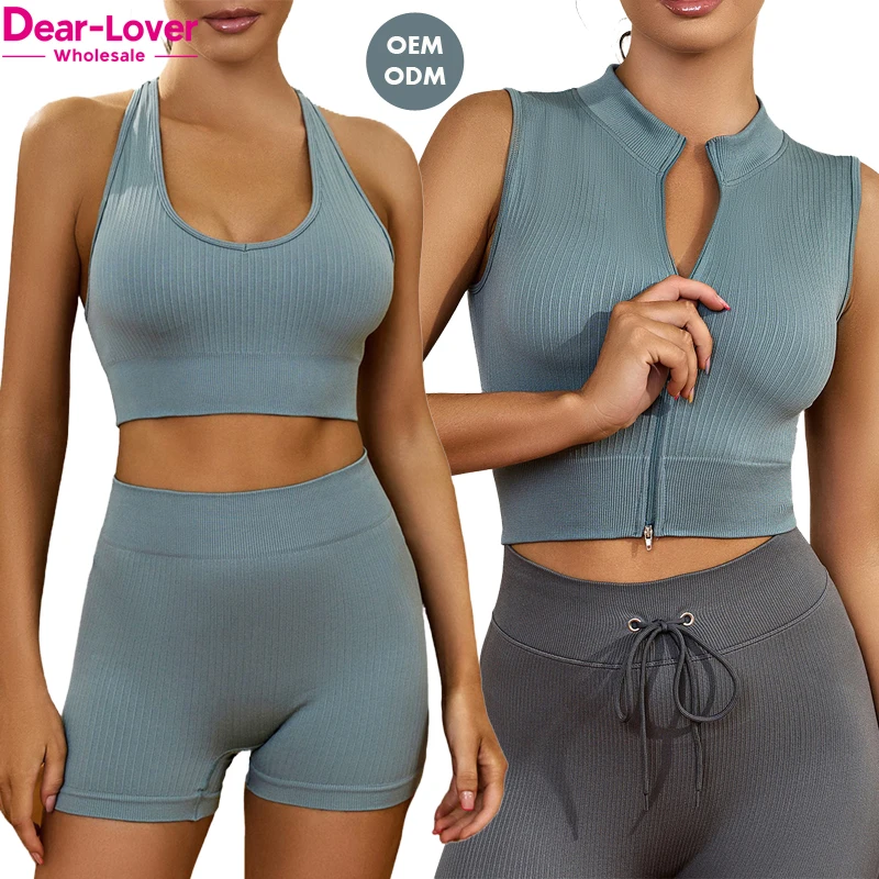 Dear-Lover OEM ODM Wholesale Custom Logo Ribbed Sleeveless Zip Up Active Fitness Gym Yoga Top Sports Yoga Bra