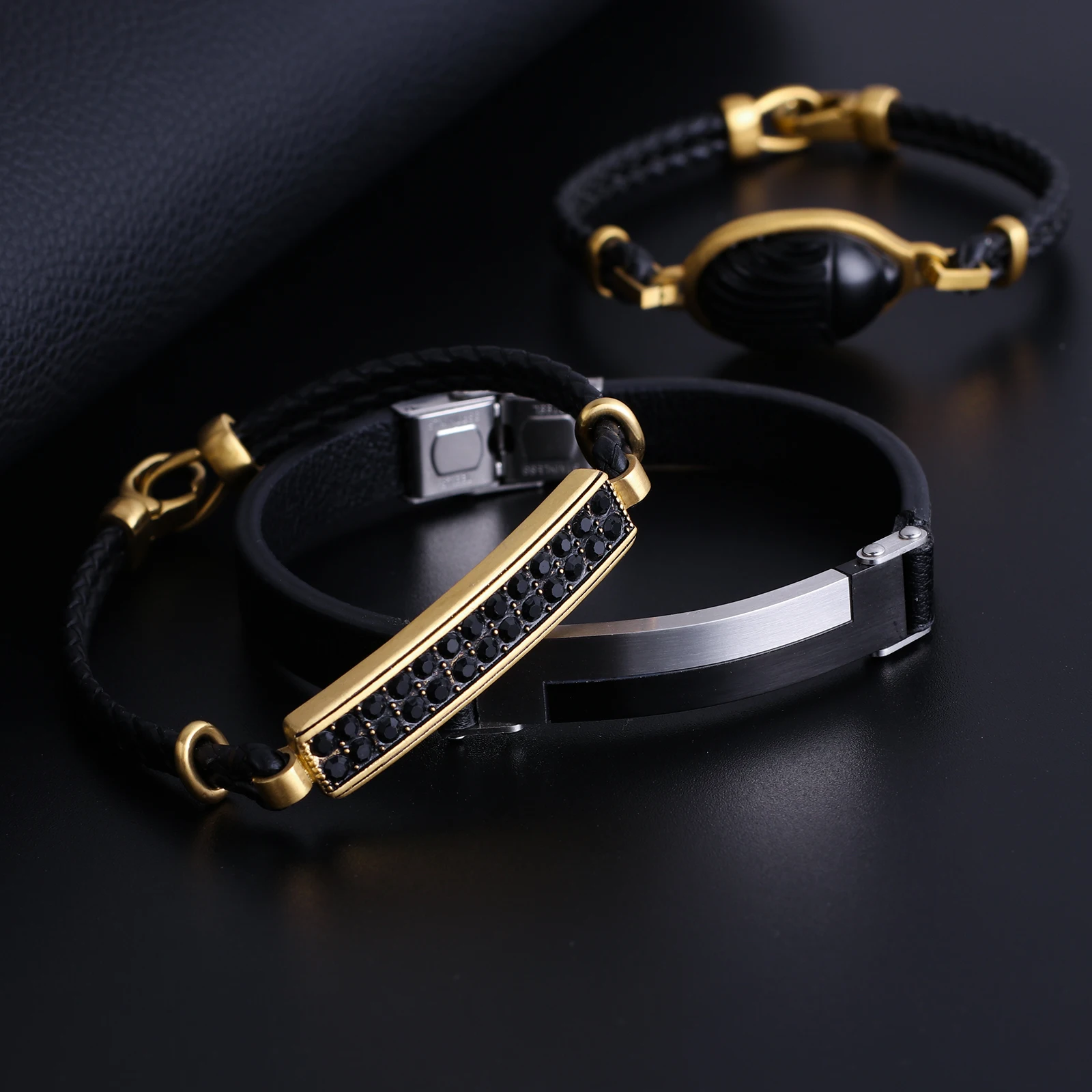 High Quality Luxury Custom Set Male Stainless Steel Clasp Black Braided Cord Handmade Rope Genuine Leather Bracelet For Men
