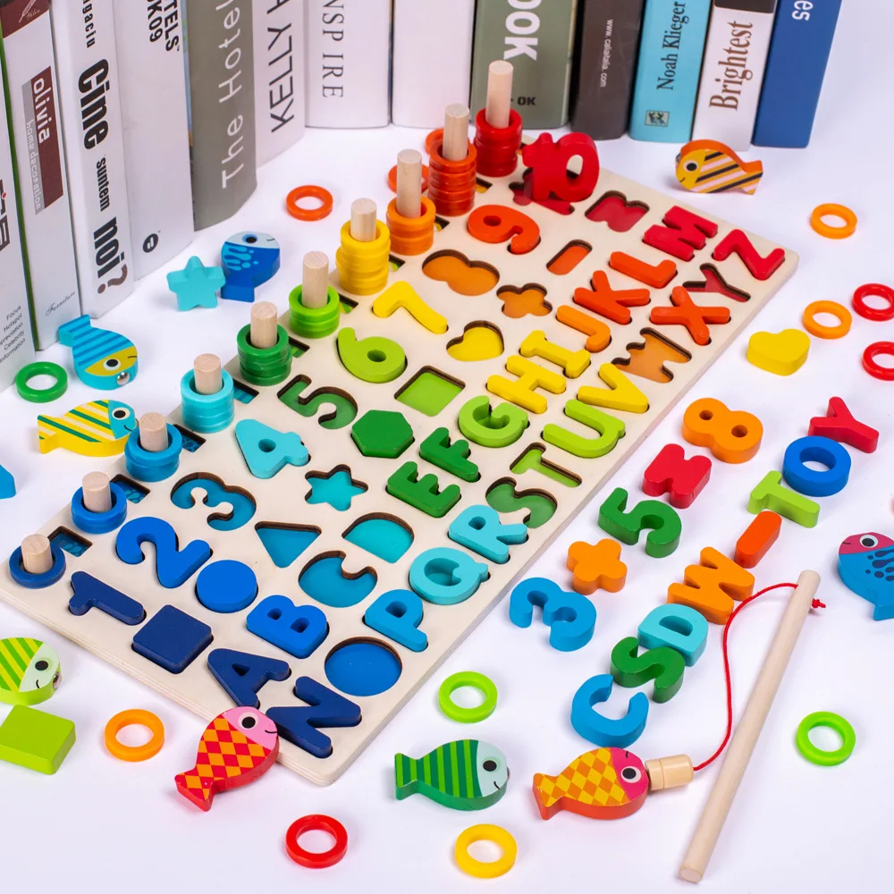 Montessori Educational Wooden Toys Children Busy Board Math Fishing Counting Toy 