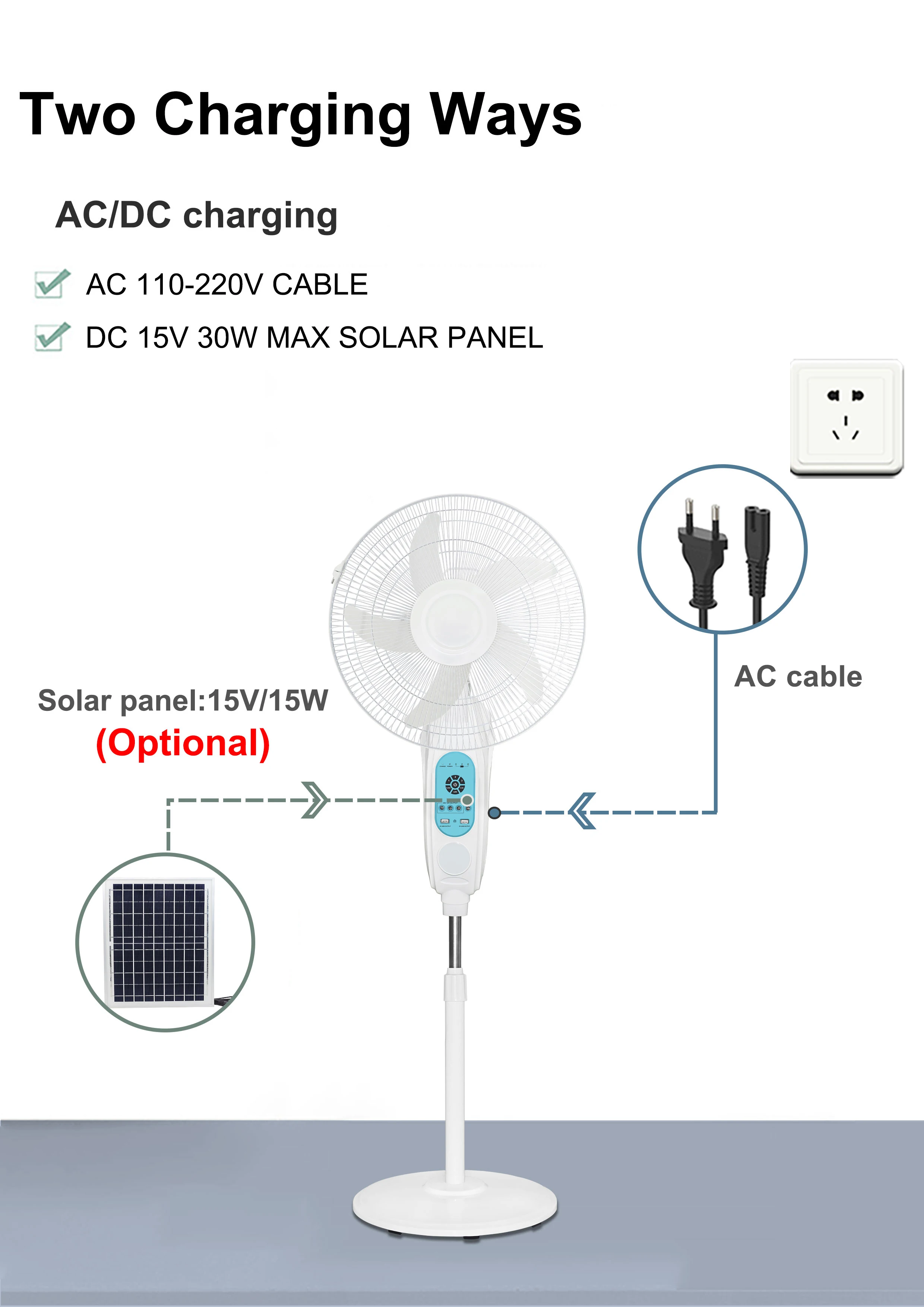 Rechargeable Standing Fan, Solar, 30W, Plastic - detail 18