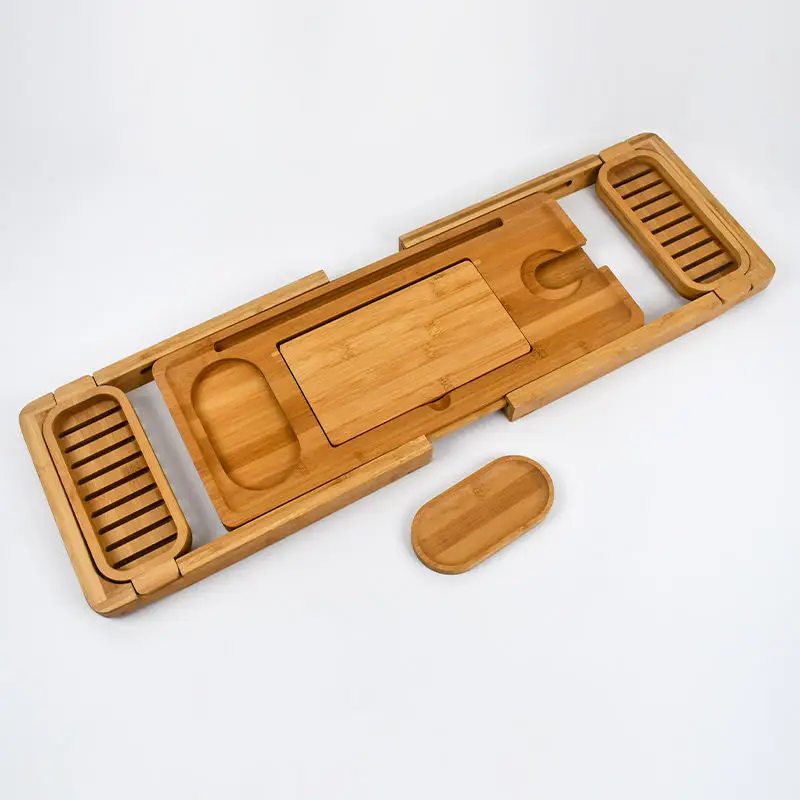 product bamboo expandable bathtub caddy tray non slip bath tray organizer for luxury spa bathroom accessories with wine glass holder-3