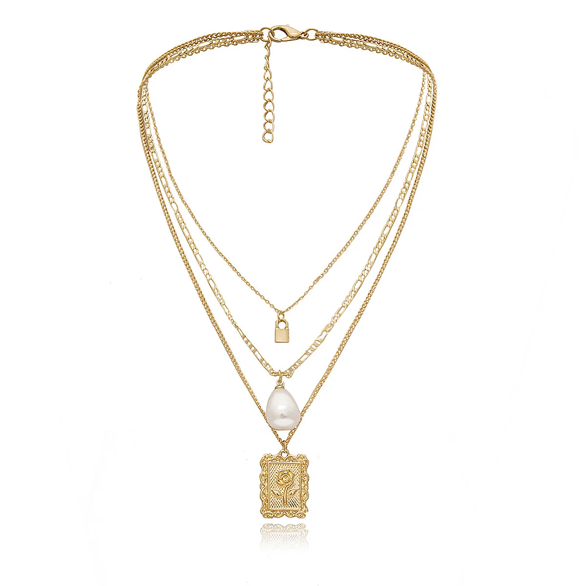 Rose square embossed necklace temperament drop  pearl lock pendant multi layer necklace women accessories