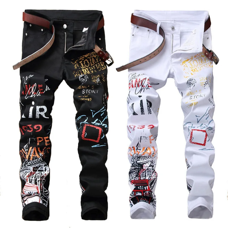Pantalones Vaqueros Ajustados Pintados Para Hombre,Jeans Elásticos  Informales Estampados De Pierna Recta,Color Negro,La Mejor Oferta - Buy  Denim Vaqueros Slim Vaqueros Skinny,Quan Jean Nam Pantalones De  Mezclilla,Chicos Vaqueros Jeans Rasgados Para Hombres