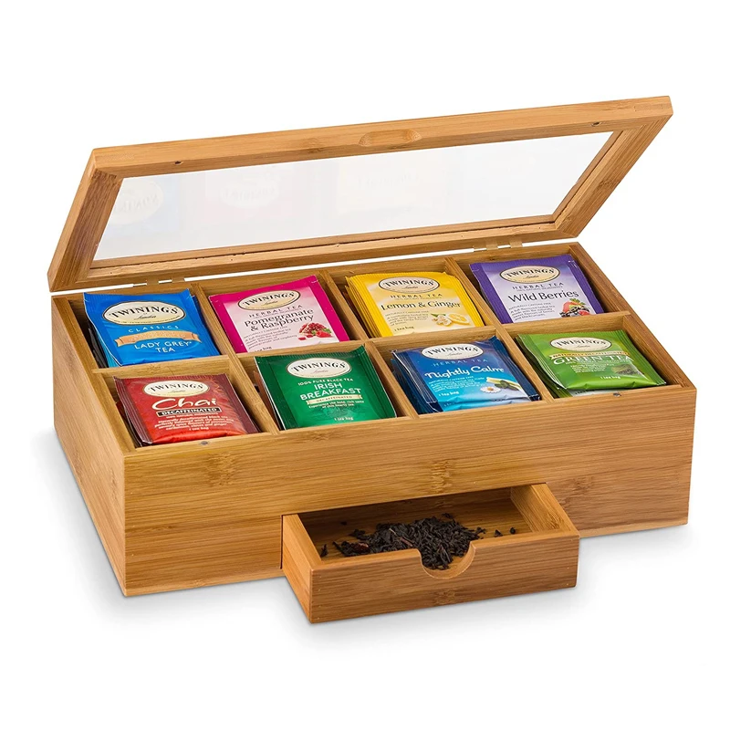 SOPEWOD Bamboo Tea Storage Box Wood Tea Chest Organizer - Natural Storage Boxes  Modern Rectangle Bridge Shrink Wrap