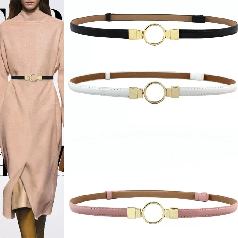 1Pc Women Belt Red Brown Narrow Elastic Waistband Lady Gold Color Metal Buckle Fashion Simple Female Party Dress Decor