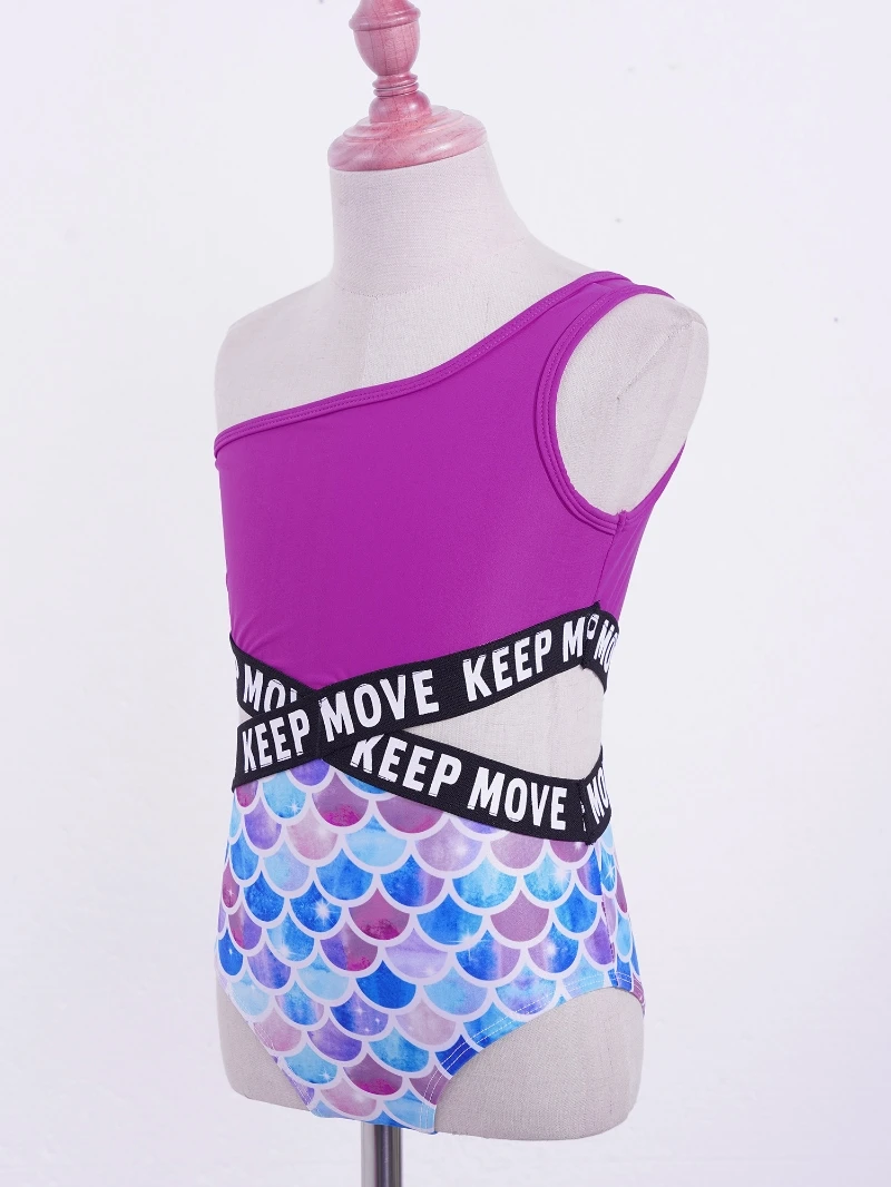 Kids Girls Onepiece Swimming Jumpsuit Asymmetric Waist Letters Printed bing Patchwork Beach