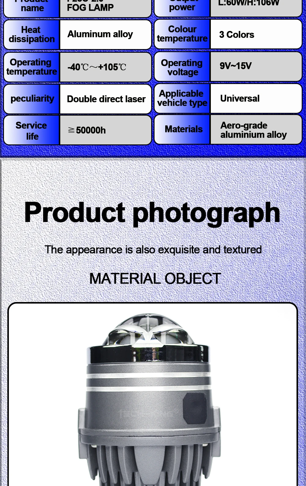 3 colors Bi Led Projector Lens High Low Beam Led Laser Fog Light Auto Accessories Customizable Logo 2 inch for Car Lens fog lamp