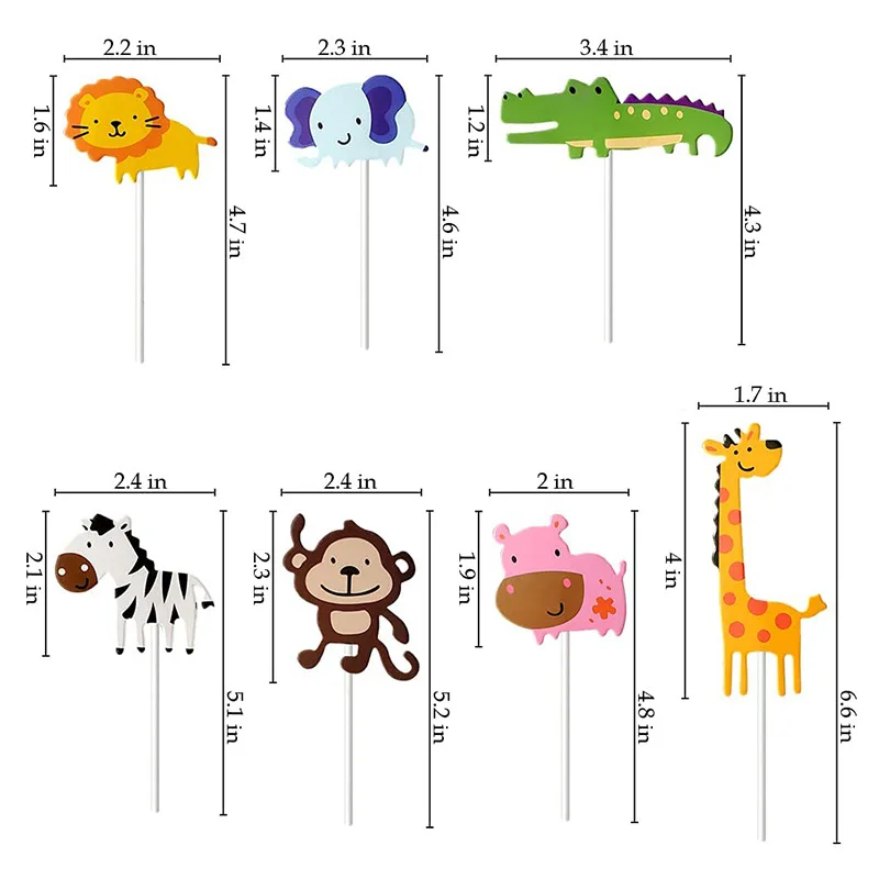 7-piece Set Giraffe Monkey Lion Elephant Cake Insert Card Animal Theme Baby Birthday Party Decoration