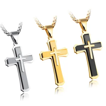 High Polished IP Gold Plating double color Three Layer Stainless Steel Cross Pendant Necklace