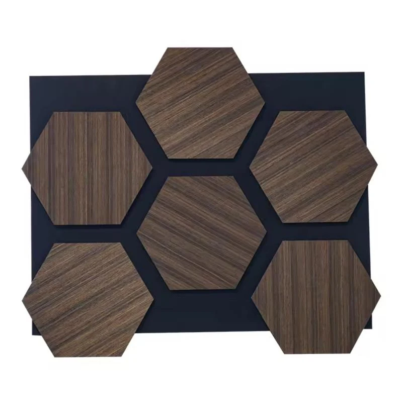 Honeycomb Wood Panel Black PET Felt and Walnut Hexagon Wood Slat Acoustic Panel for Wall and Ceiling