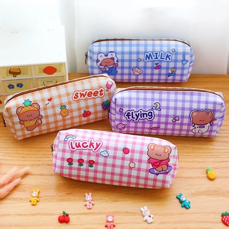 Bear Lattice Pencil Case Primary School Students Ins Girl Heart Storage
