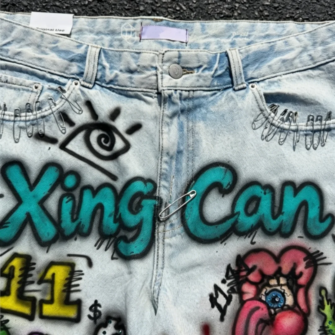 product summer custom cotton vintage acid wash denim shorts dtg digital print rhinestones hand frayed raw hem customizable-3