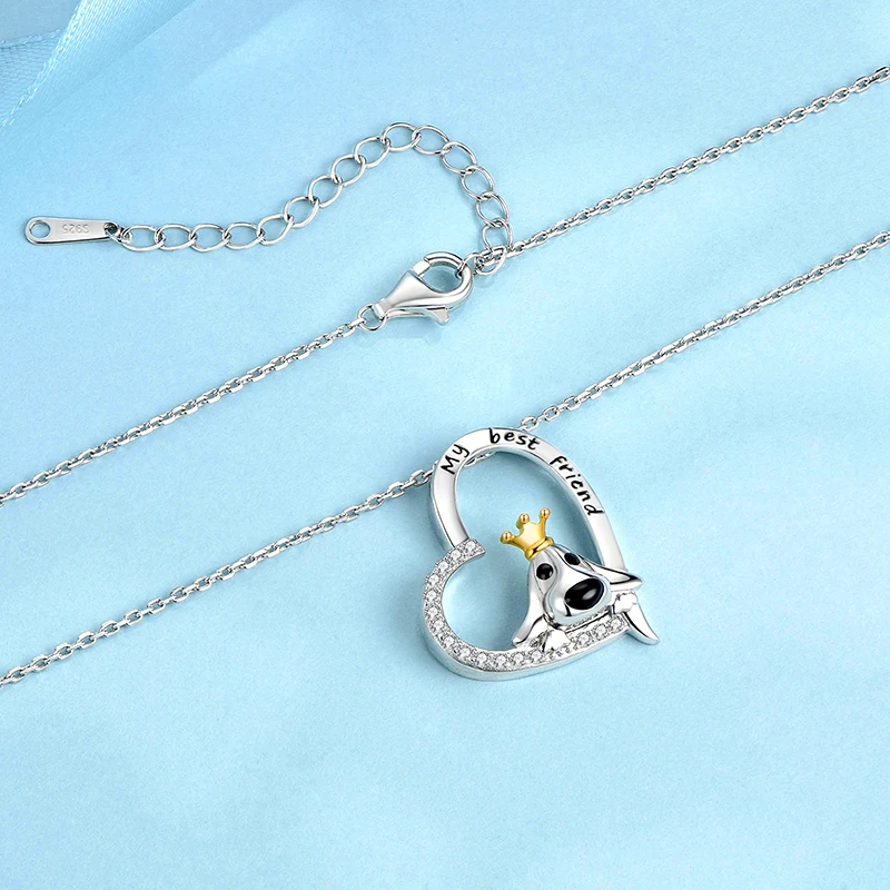 CDE YN1056 Cute Animal Jewelry Solid 925 Sterling Silver Dog Necklace Rhodium Plated Heart-Shaped Collar De Plata Necklace Women