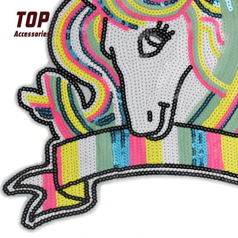 High Quality Unicorn Sequin Patches Large Sew on Cartoon  Sequin Applique Patch for Clothing