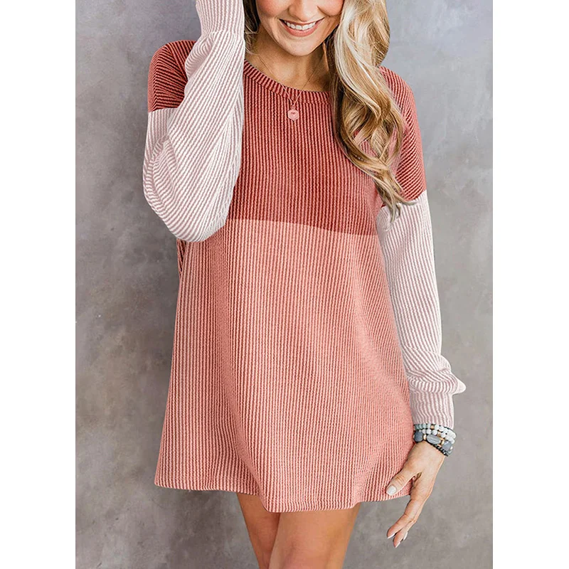 Dear-Lover OEM ODM Wholesale Color Block Corded Long Sleeve Sweatshirt Mini Dress