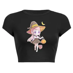 Stock halloween girl short  t-shirt funny dark punk rock babes crop print cotton women OEM 100% Cotton T Shirts