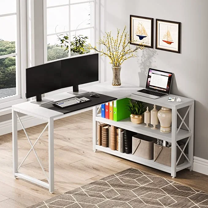 Tribesigns Reversible L Shaped Computer Gaming Desk with bookshelf Modern White Office Desks for Home Office