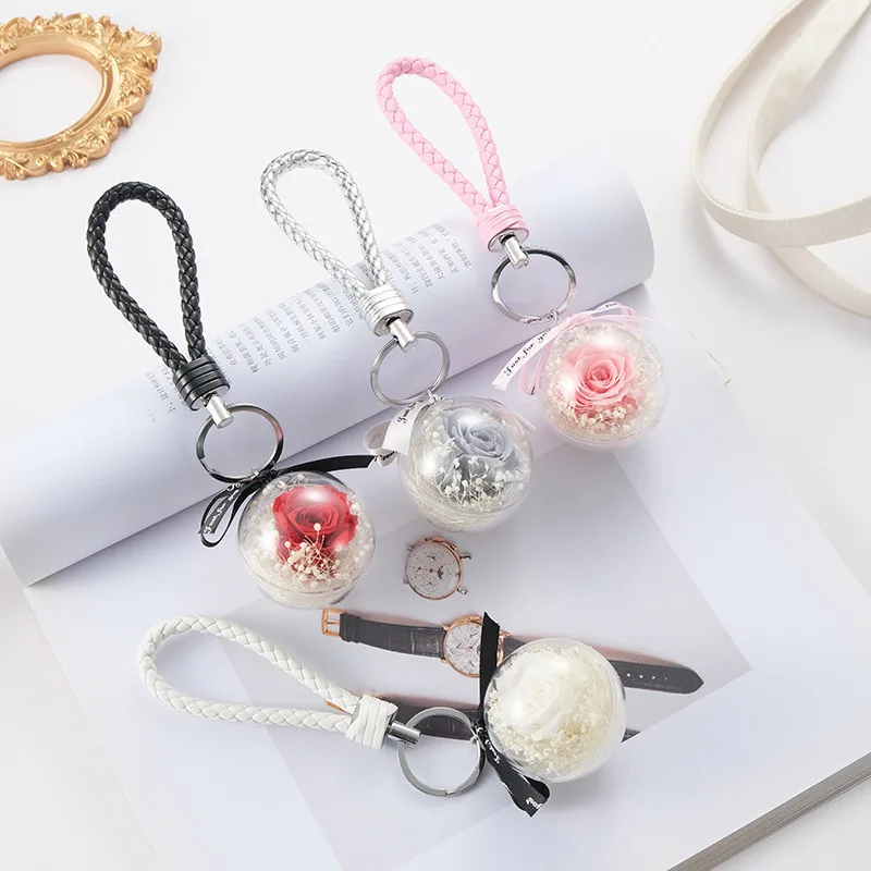 Wholesale cute keychain Preserved flower rose keychain acrylic custom keychain with flower