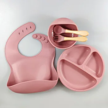 5 Pcs Food Safe Divided Suction Plate Suction Bowl Spoon Fork Bib Feeding Utensils Silicone Baby Feeding Sets