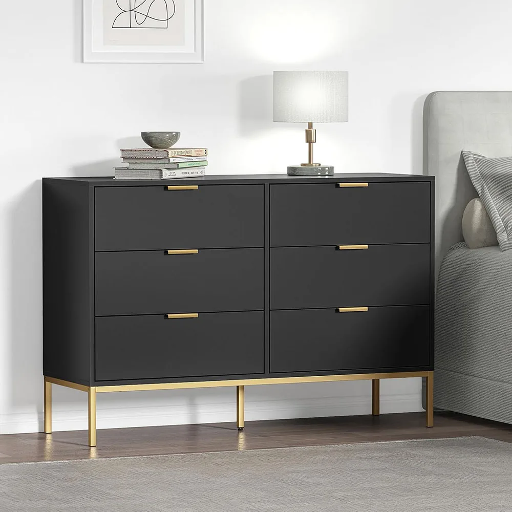 Modern 6-Drawer Dresser with Golden Handles Black Wood Storage Closet Organizers for Bedroom & Living Room details