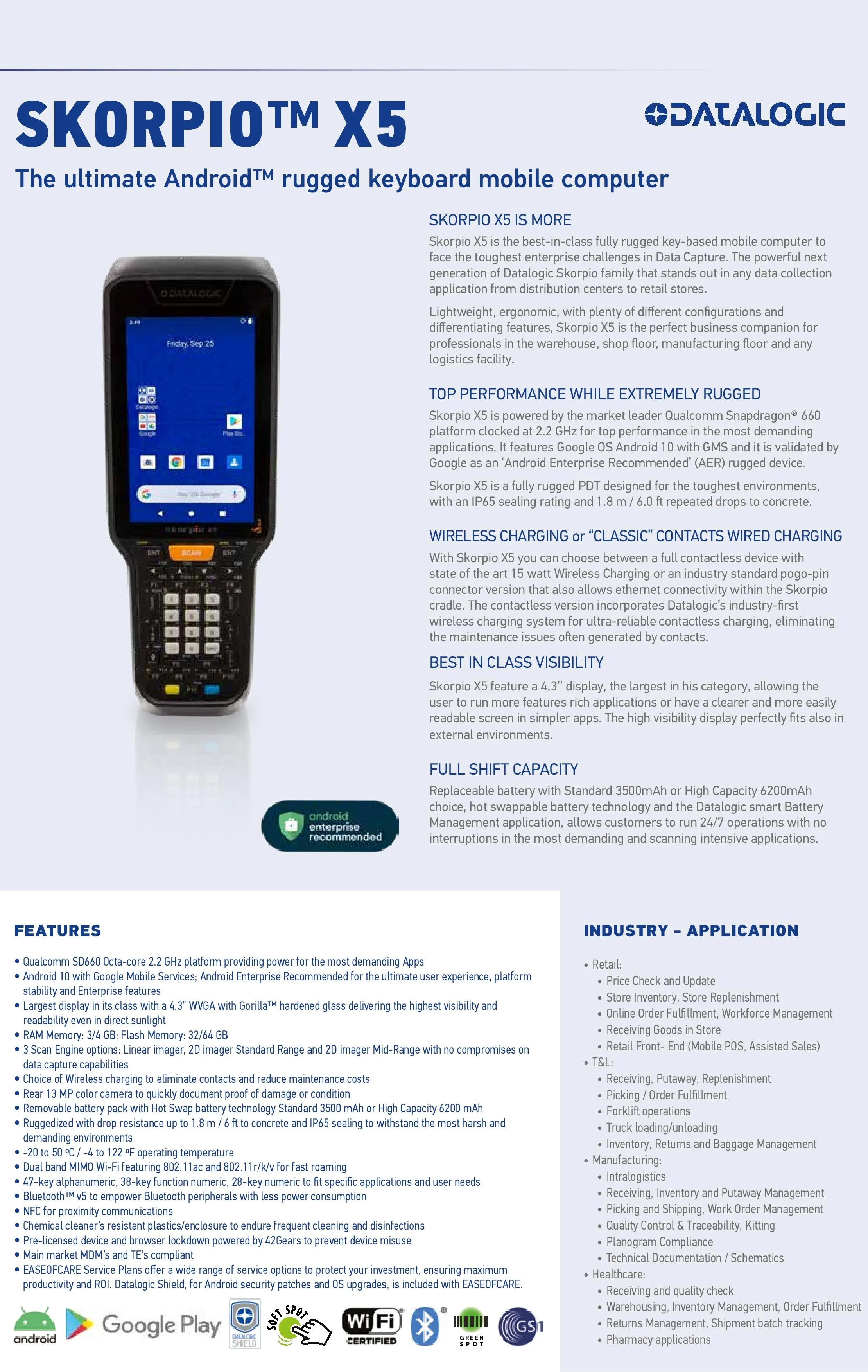 Datalogic Skor Pio X5 IP65 2D Handheld Android 10 PDA Scanner with 256MB Memory 6200mAh Battery 5" Screen Mobile Stock