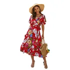 New V-Neck Boho Women's Holiday Short Sleeves Lace Up Floral Ladies Summer Beach Party Dress