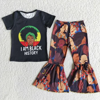 RTS 2022 Baby Girls Black History Short Sleeve Tee Shirt Top Bell Bottom Pants Children Boutique Outfits 2pcs Clothing Sets